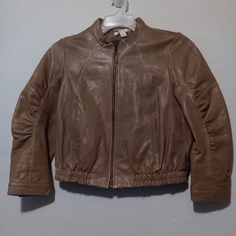 Kenneth Cole New York Leather Jacket Women SzM Light Brown Cropped